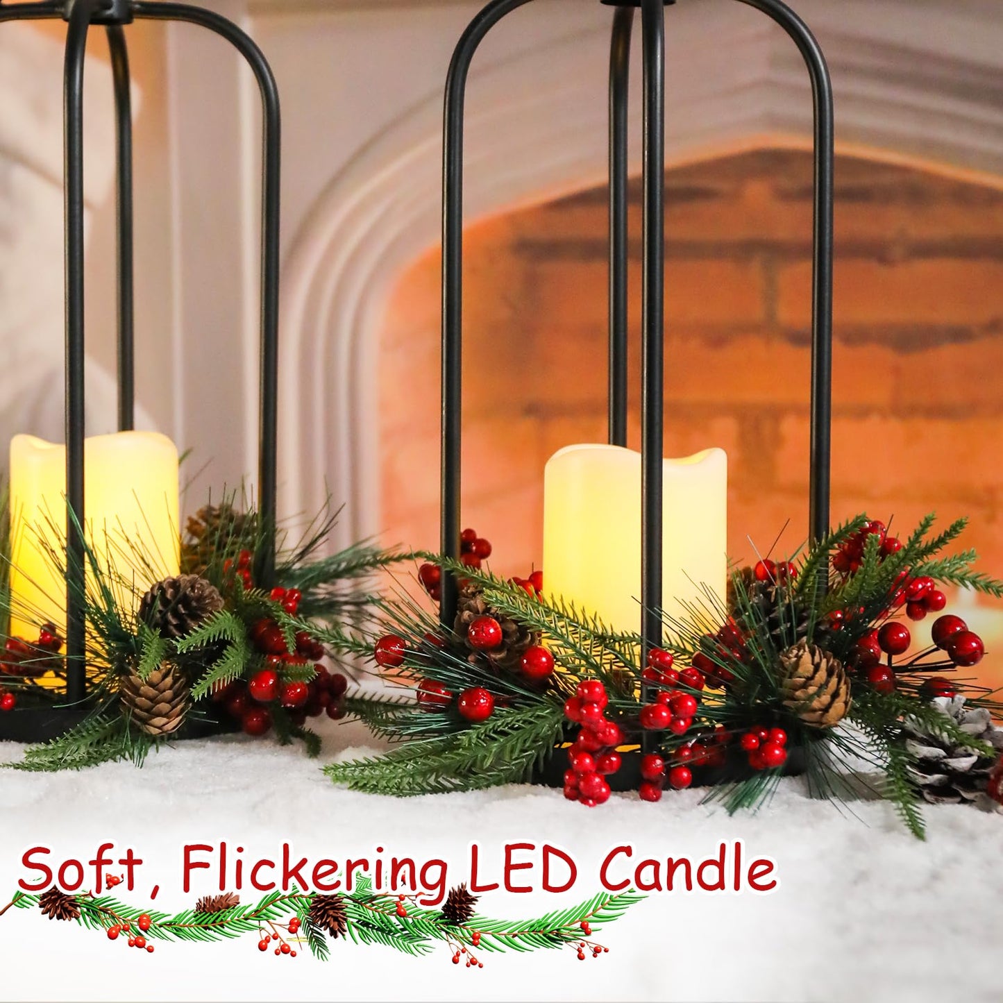 Bdor Christmas Lantern Decor Set of 2 – 14" Tall Hanging Metal Candle Holder with Pine Cones, Berries and LED Flameless Candle – Holiday Table Centerpiece for Indoor Home Decoration