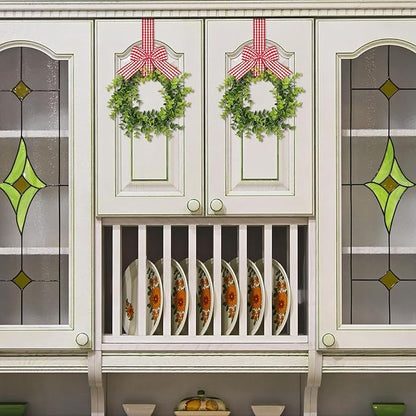 WILLBOND 4 Pcs Christmas Kitchen Cabinet Wreath Boxwood Garland with Ribbon Greenery Garland Hanging Wreaths for Cabinet Wall Window Door Fireplace Party Farmhouse Decor(Red and White,Fabric)