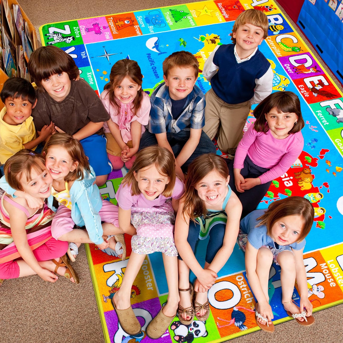 World Map ABC Kid Rug for Playroom Geography 59"×39.4" Classroom Play Carpet Educational Baby Playmat Alphabet Mat for Primary School Fluffy Ployester Non-Slip Preschool Rug for Nursery Room
