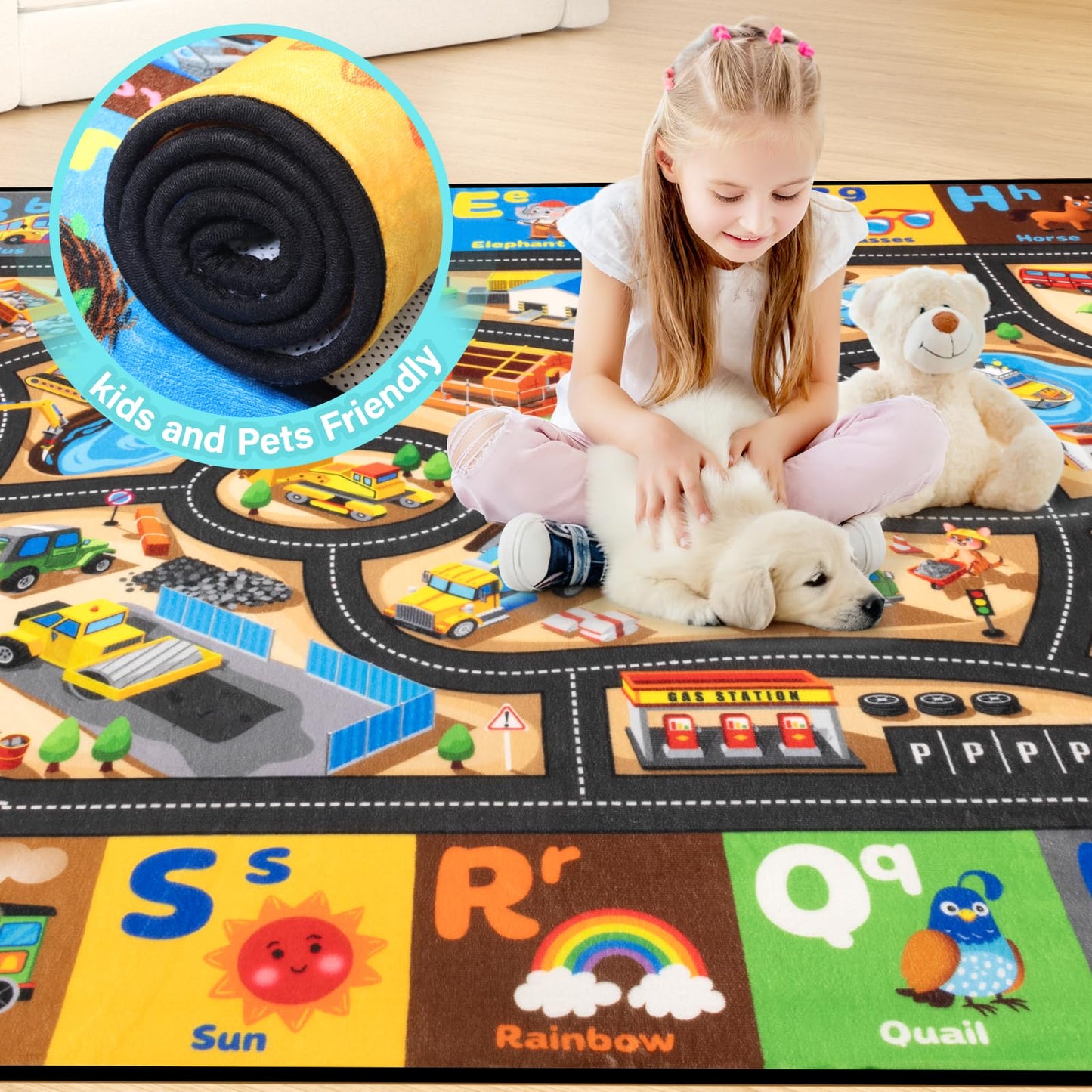 Diysani Construction Site Rug 6x9FT Car Rug Play Mat Non-Slip Car Carpet for Kids Washable ABC Alphabet Playroom Rugs for Kids Playroom