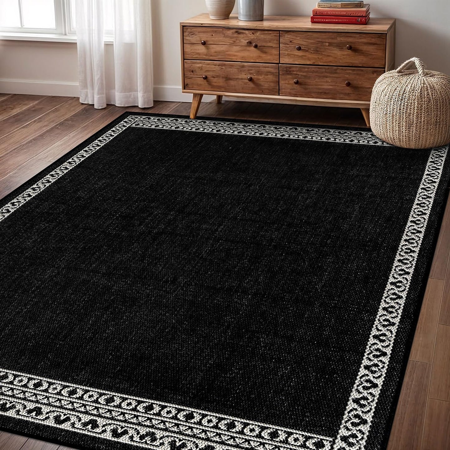 Washable Outdoor Rug 5x7 Modern Area Rugs Outdoor Carpets Bordered Pattern Non Shedding Waterproof Easy Clean Patio Deck Porch Living Room Bedroom Garden RV (5 X 7 Black)