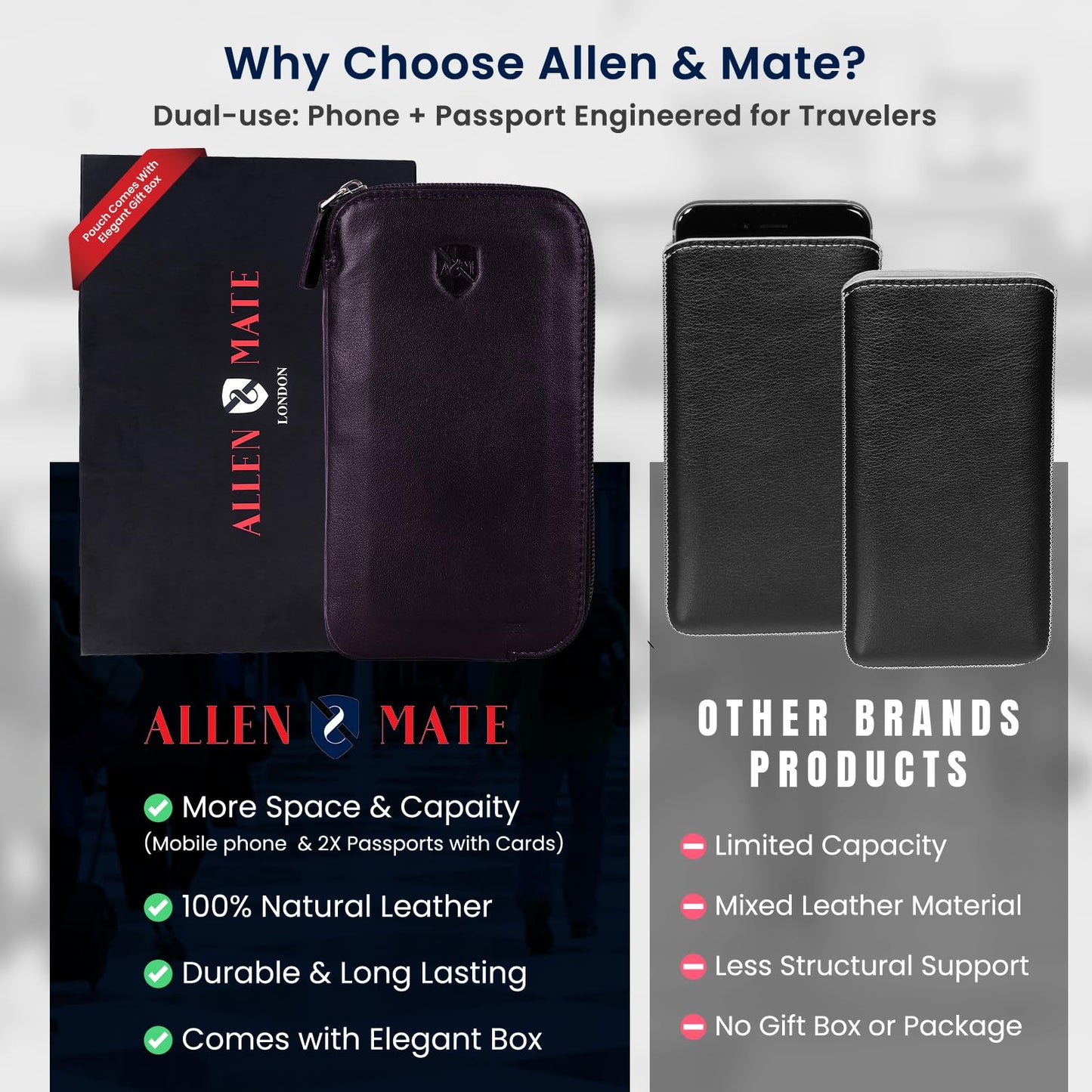 ALLEN & MATE Genuine Leather iPhone Pouch with Zip – Slim Mobile Phone Sleeve Cell Phone Pouch for iPhone 17 Pro Max, 16, 15, Google Pixel 10, Samsung Galaxy S25 & Android Smartphones Brown