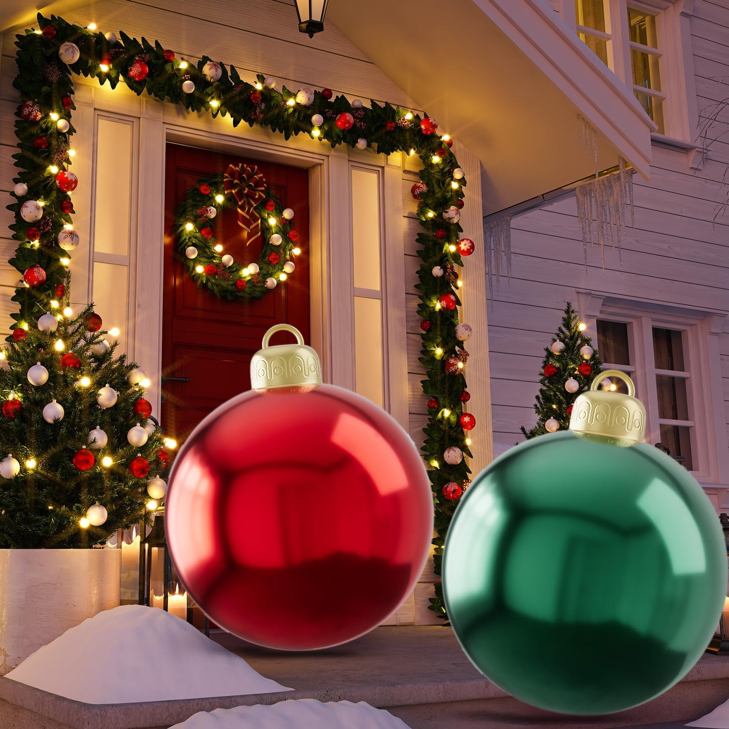 2PCS PVC Christmas Inflatable Ball 24 Inch Giant Inflatable Christmas Decorations Ball Christmas Ornament Balls Xmas Blow up Balls for Outside Holiday Yard Lawn Decor (Red&Green)