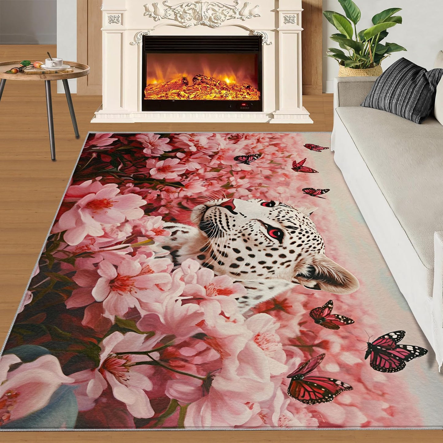 White Leopard Area Rug 3x5ft Floral Rug, Pink Flower Rugs for Living Room, Machine Washable Rugs, Indoor Non-Slip Carpet for Bedroom Dorm Classroom Decor