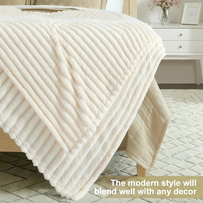 decorUhome Soft Fleece Cream White Twin Blanket for Bed, Cozy Fluffy Plush Flannel Striped Throws for Couch Sofa, Lightweight Decorative Ribbed Fuzzy Blanket for Woman, 60x80 Inches