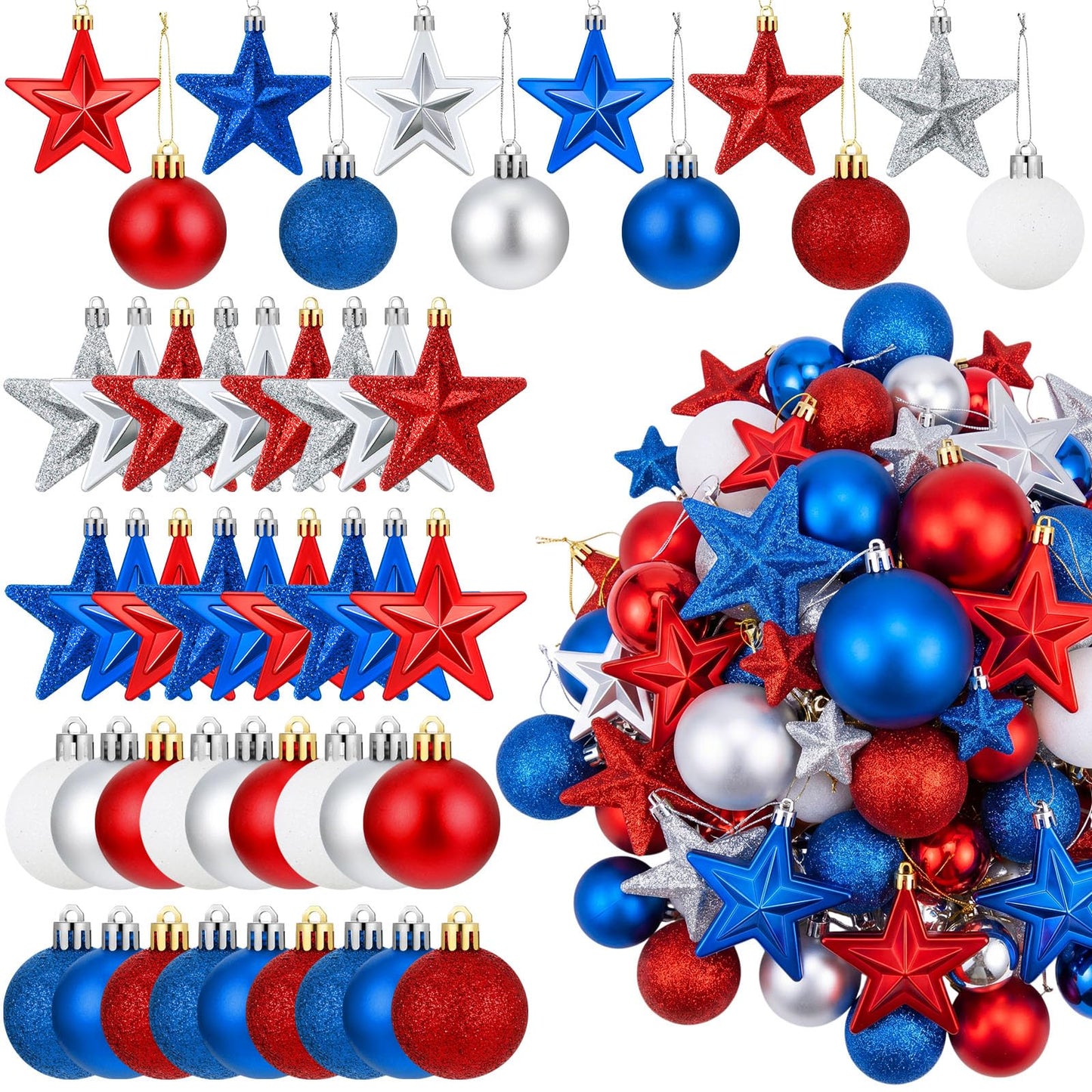 Janinka 60 Pcs Patriotic Star Ornaments 4th of July Hanging Star Balls 250th Anniversary Red White and Blue Stars Balls Ornaments for USA Veteran Independence Day Decor