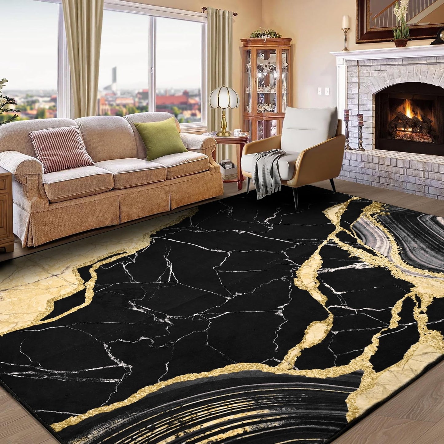 ASPMIZ Marble Area Rug 8x10 Washable Rugs for Living Room, Soft Faux Wool Black and Gold Bedroom Rugs Non Slip Modern Floor Carpet Low Profile Large Throw Rug for Dining Room Home Office Decor