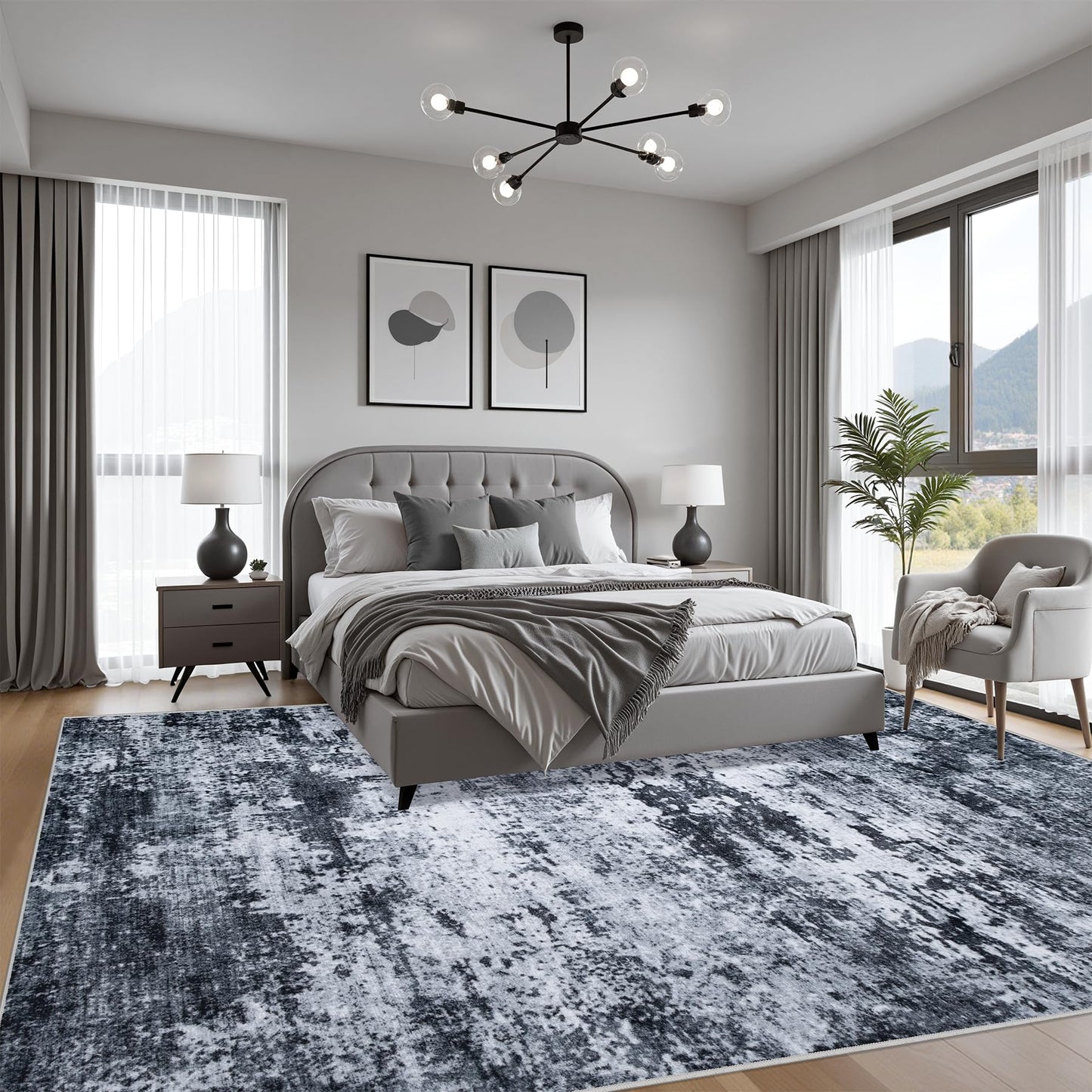 5x7 Area Rug Living Room Rug: Washable Modern Abstract Soft Thin Rug Indoor Floor No Slip Stain Resistant Carpet for Bedroom Dining Room Farmhouse Nursery Home Office - Black
