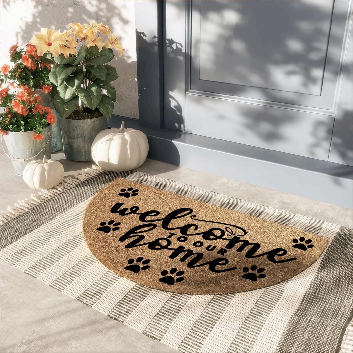 Funny Half Round Front Door Mat - Heavy Duty Outdoor Entryway Welcome Mat for Porch - Brown House Warming Gift 29.5 x 17 inch (Welcome to Our Home Dog Paws)