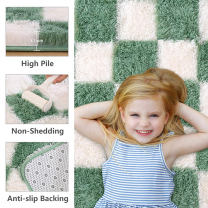 Nuttumico 4x6 Feet Sage Green White Checkered Rug, Fluffy Plaid Area Rug for Bedroom Living Room, Soft Shag Shaggy Carpet for Girls Room, Nursery Dorm, Non-Slip, High Pile