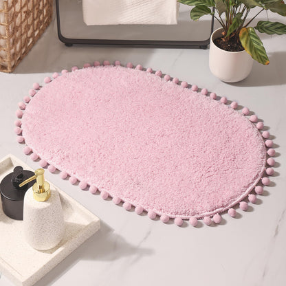 YIRDDEO Bath Mat Pink Rug with Pom Oval Bathroom Rugs for Bedroom Non Slip Cute Boho Absorbent Mats Soft Plush Washable Rug (20 x 30 inches)