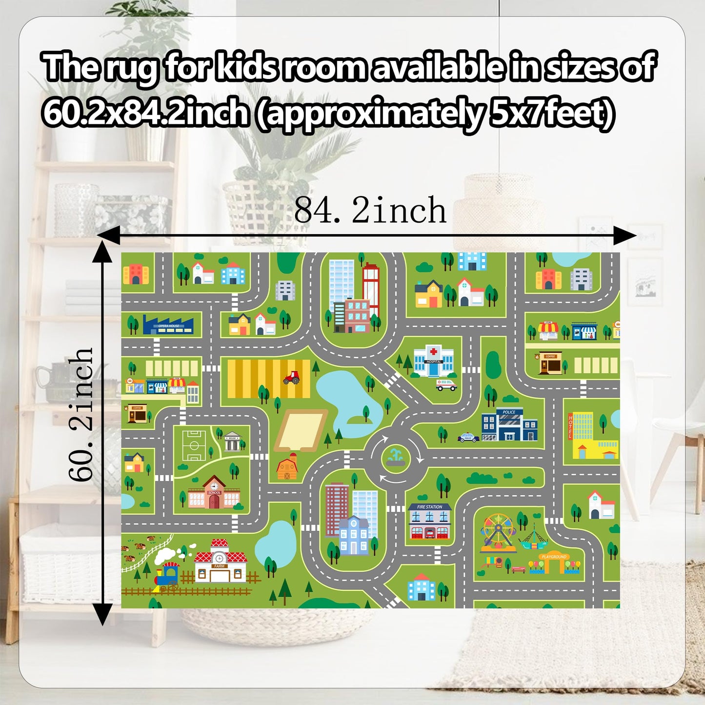 AUSTAB Kids Room Rug City Life Great for Playroom Classroom Bedroom - Non-Slip City Pretend Room Mat (Large- 5 x 7 FT)