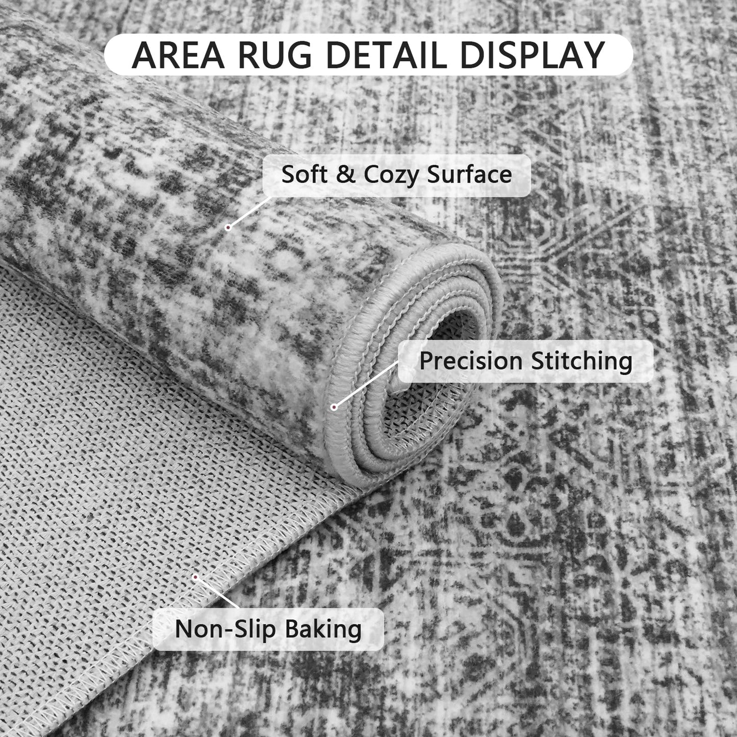 Area Rug 8x10 Washable Rug, Large Soft Rugs for Living Room Vintage Distressed Cashmere Non-Slip Stain Resistant Carpet for Bedroom Dining Room Home Office Gray