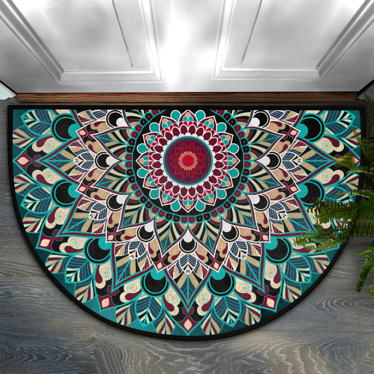 Cemfyzoch Mandala Half Round Doormat Non-Slip Semi Circle Rug Half Moon Mat