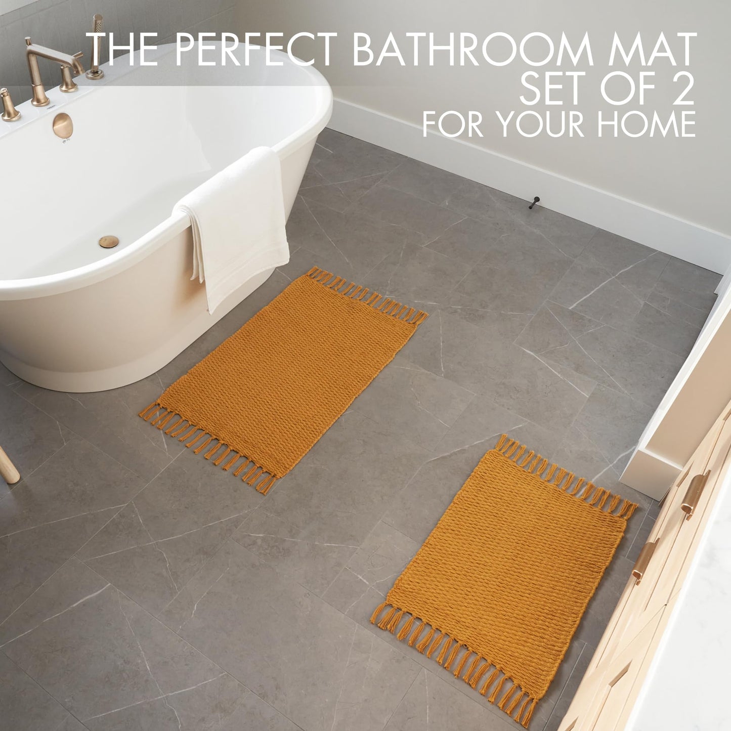 KIBAGA Set of 2 Soft Boho Bathroom Rugs - Beautiful Boho Cotton Rugs that Fit Perfectly Into Your Bath or Kitchen - Washable, Non-Slip Mats Ideal to Enhance Your Modern Home Decor