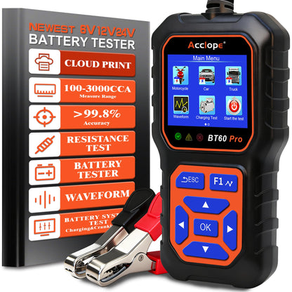 Acclope BT60 PRO Car Battery Tester 6V/12V/24V, 2-120Ah, 100-3000 CCA, Alternator & Starter/Charging System Analyzer, Automotive Load Test, QR Cloud Report (No App), for Car Truck Motorcycle Marine/RV