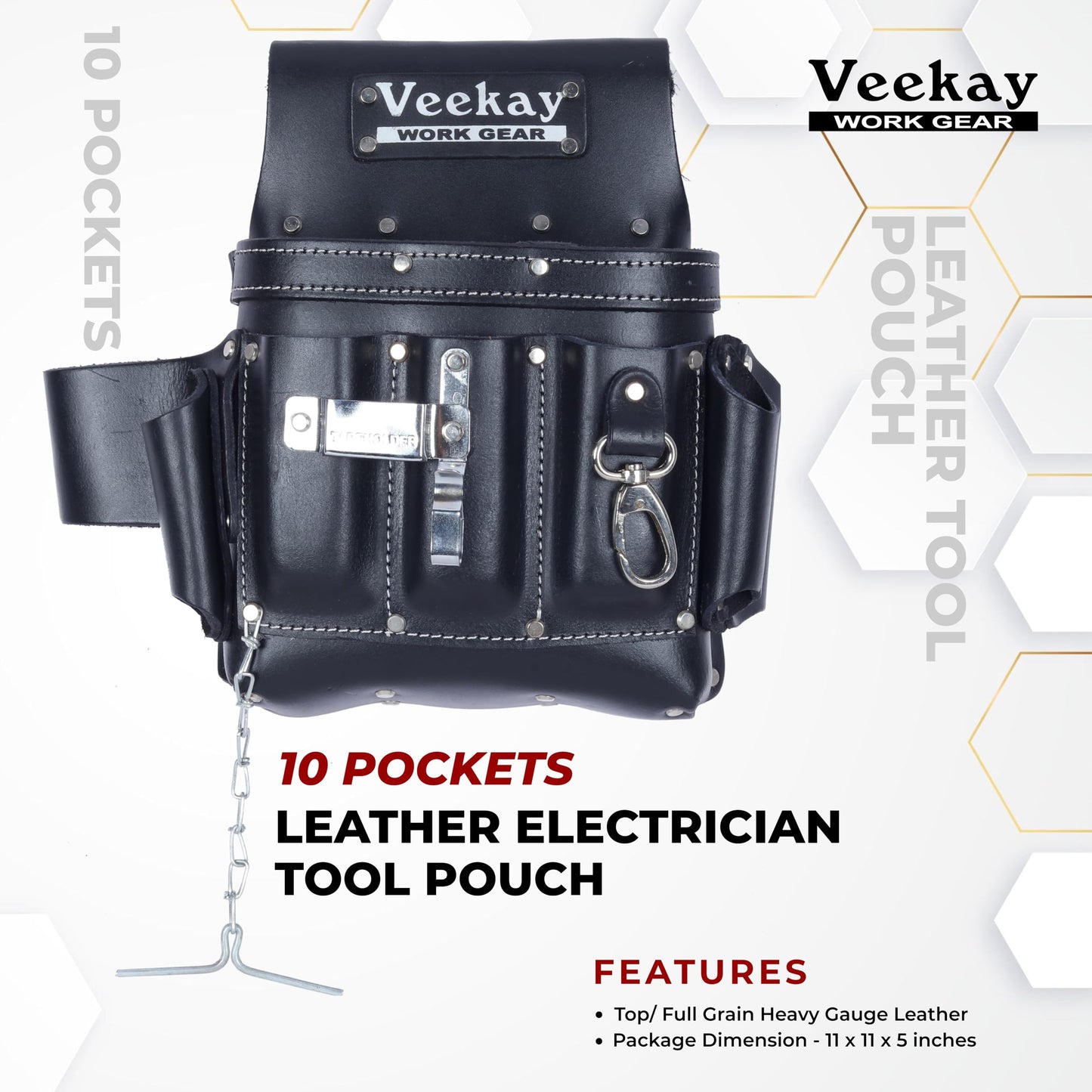 VEEKAY Tool Pouch for Electricians - 10 Pocket Leather Organizer for Electricians, Carpenters & Construction Workers, Professional Leather Tool Pouch, Durable, Professional Heavy Duty Pouch - Black