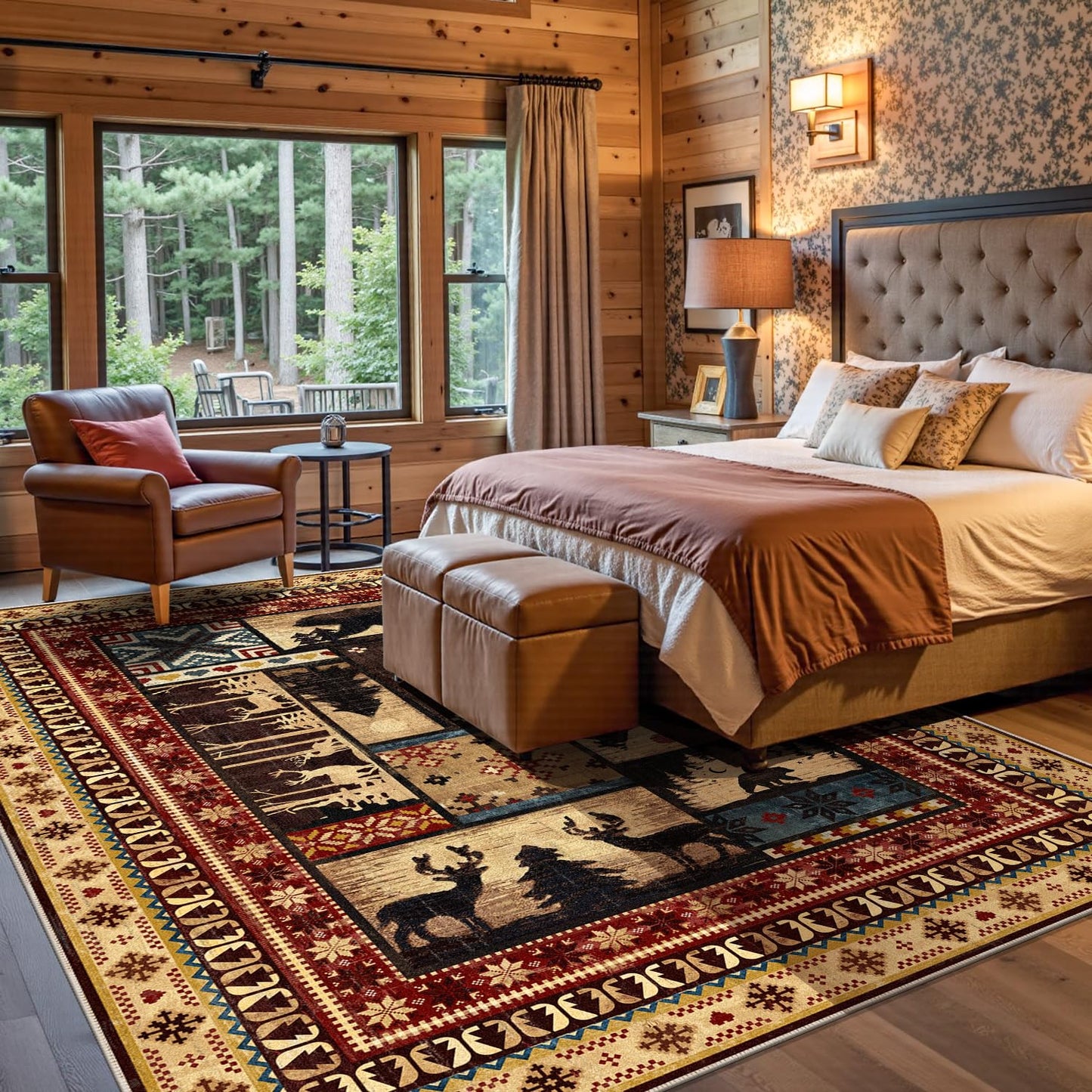LOKHOM Rustic Cabin Area Rug 8x10, Machine Washable Bear Print Rug, Non-Slip Low Pile Soft Large Southwestern Lodge Rug for Bedroom Living Room Dining Room