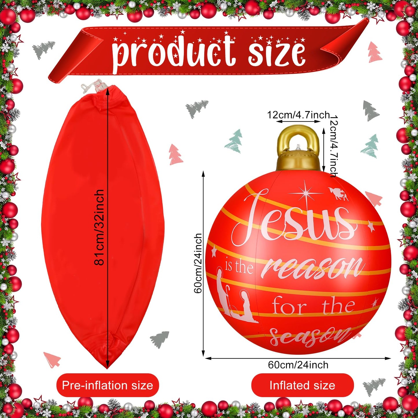 2 Pieces 32 Inch Giant PVC Inflatable Christmas Decorated Ball Ornaments Outdoor Large Xmas Blow Ball Decorations for Christmas Themed Party Ornaments(Cute,Green Red)