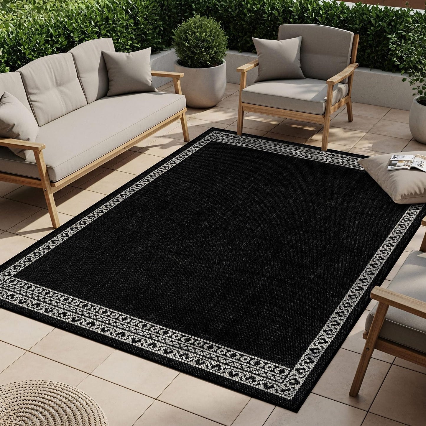 Washable Outdoor Rug 5x7 Modern Area Rugs Outdoor Carpets Bordered Pattern Non Shedding Waterproof Easy Clean Patio Deck Porch Living Room Bedroom Garden RV (5 X 7 Black)