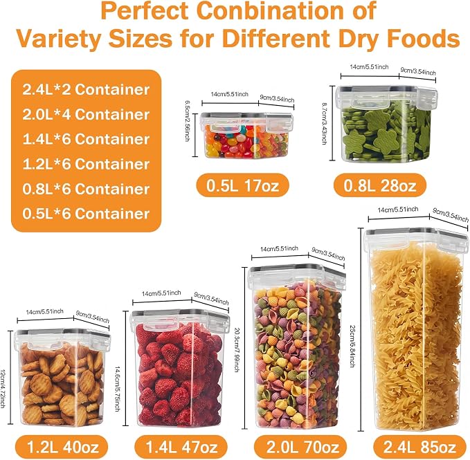 30 PCS Airtight Food Storage Containers with Lids, BPA Free Clear Plastic Kitchen and Pantry Organization and Storage Set for Flour, Sugar, Cereal, Pasta, Includes 30 Labels and Marker