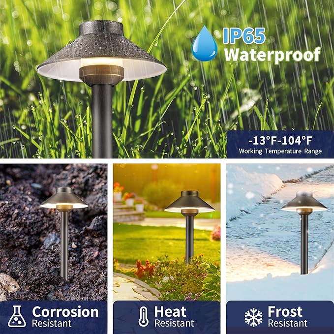 Gardenreet Solid Cast Brass Pathway Lighting - 12v Landscape Path Light Outdoor Waterproof, Electric Walkway Lights Wired, Hat Shape Bronze Garden Decoration with 3W Neutral White G4 Bulb (12 Pack)