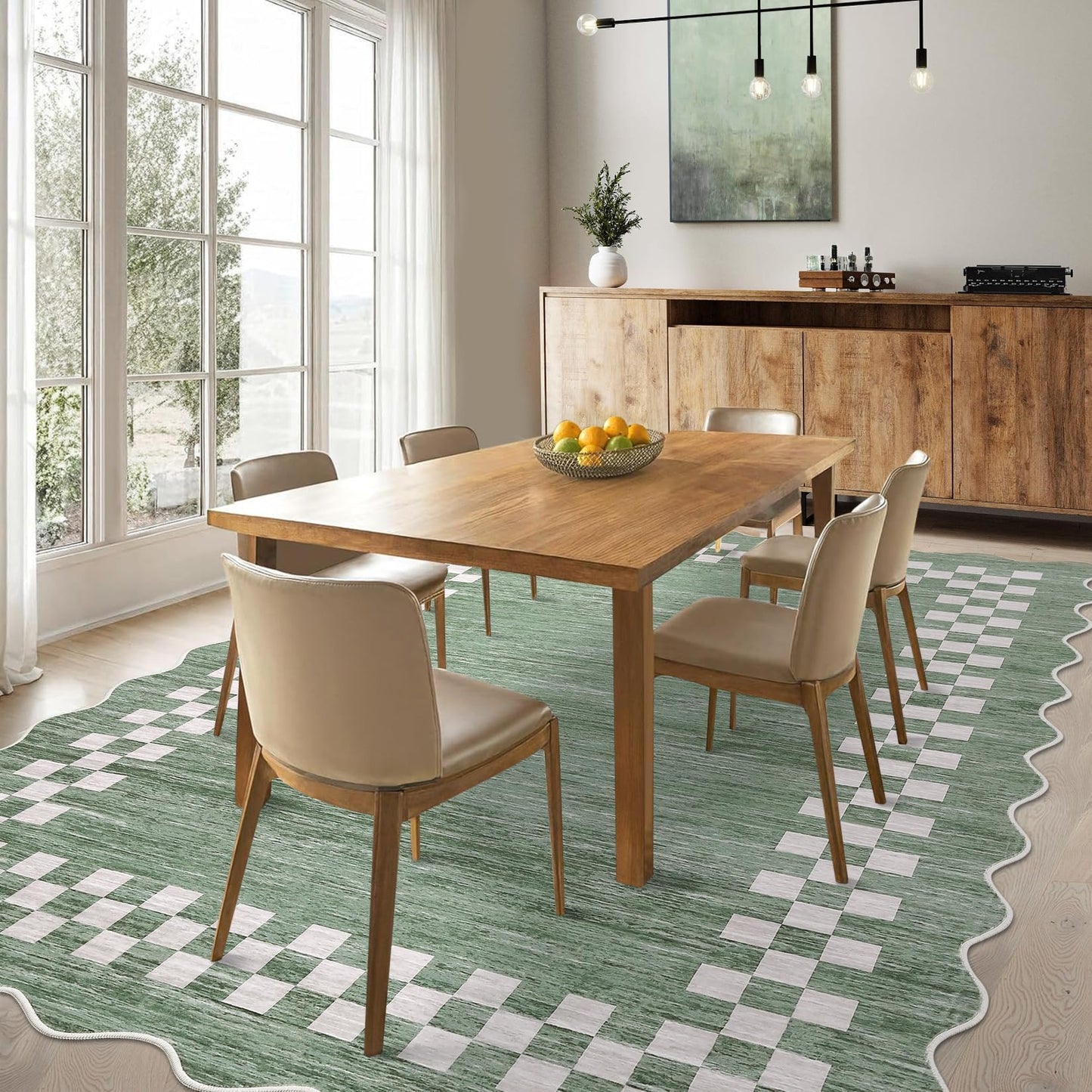GarveeHome Washable Rug 5x7 for Living Room Large Bedroom Scalloped Rug Non Slip Stain Resistant Modern Border Throw Carpet Soft Boho Rug for Dining Room Nursery Home Office, Green