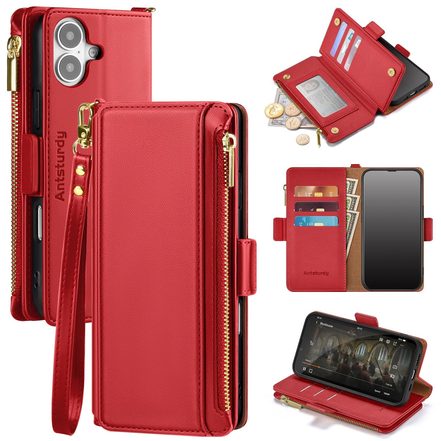 Antsturdy Compatible with iPhone 17 Wallet Case Women,RFID Blocking PU Leather Phone Case Men Kickstand Flip Folio Cover Wrist Strap Zipper Credit Card Holder Slots for Apple 17 6.3",Red