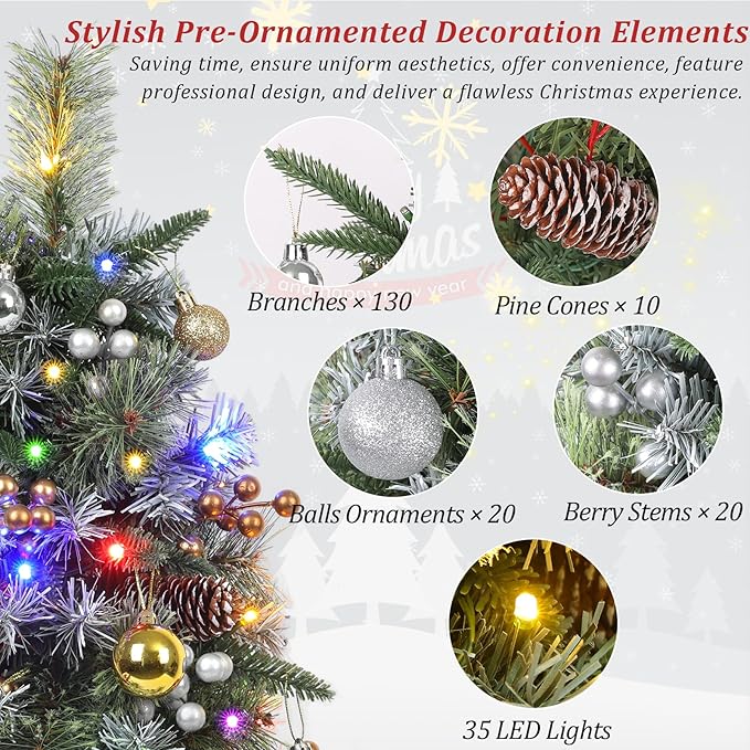 Set of 2 Outdoor Pathway Christmas Trees, 30” Battery Operated Pre-Lit Frosted Xmas Tree with 35 LED Lights, 8 Flash Modes, Holiday Décor for Porch, Yard with Berries/Pine Cones/Balls