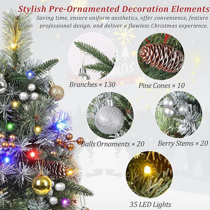 Set of 2 Outdoor Pathway Christmas Trees, 30” Battery Operated Pre-Lit Frosted Xmas Tree with 35 LED Lights, 8 Flash Modes, Holiday Décor for Porch, Yard with Berries/Pine Cones/Balls