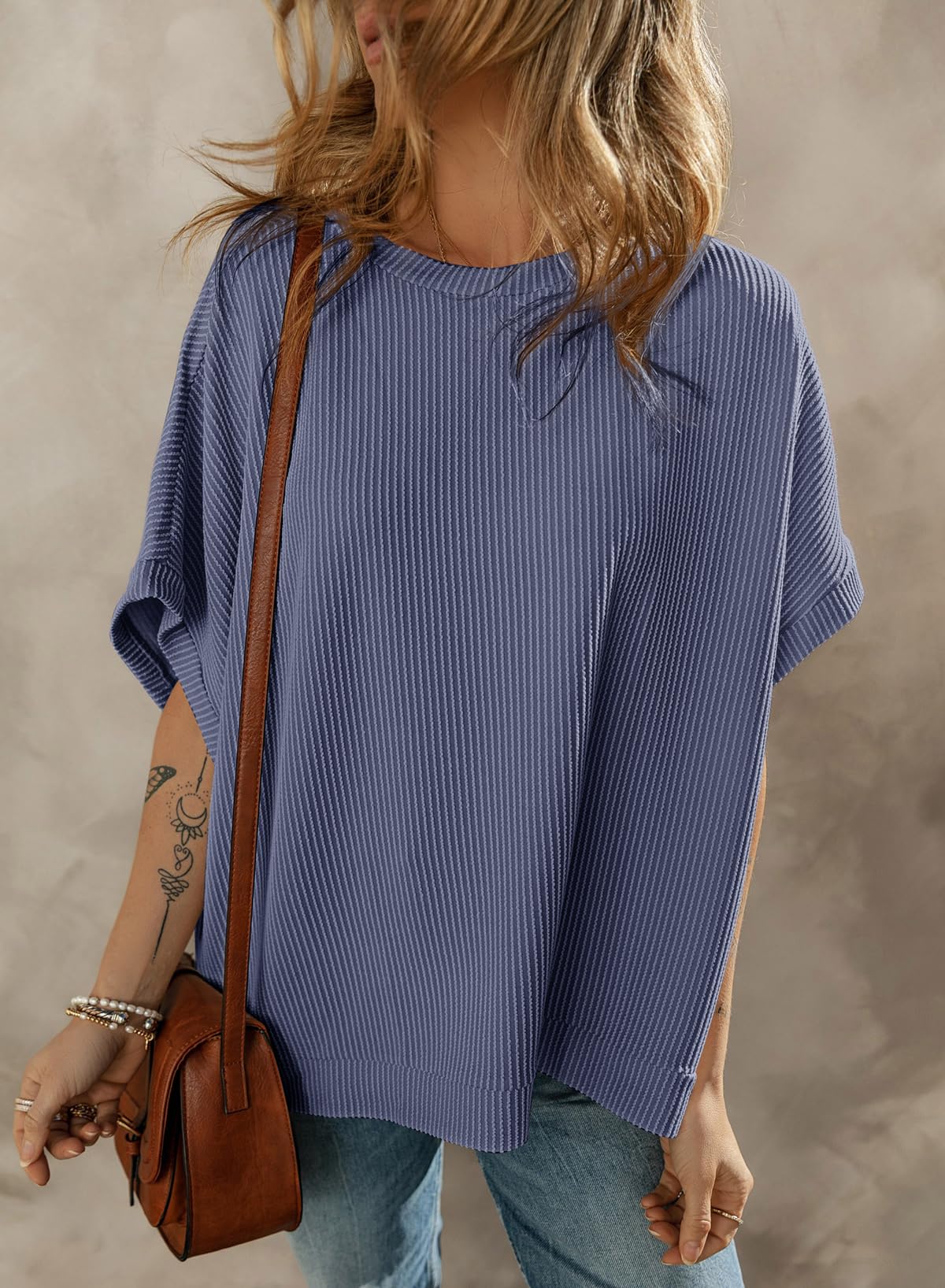 Dokotoo Womens Casual Spring Summer Shirts and Blouses for Women 2026 Off Shoulder T-Shirts Short Sleeve Waffle Knit Loose Tunic Tops Side Split Navy Blue Large