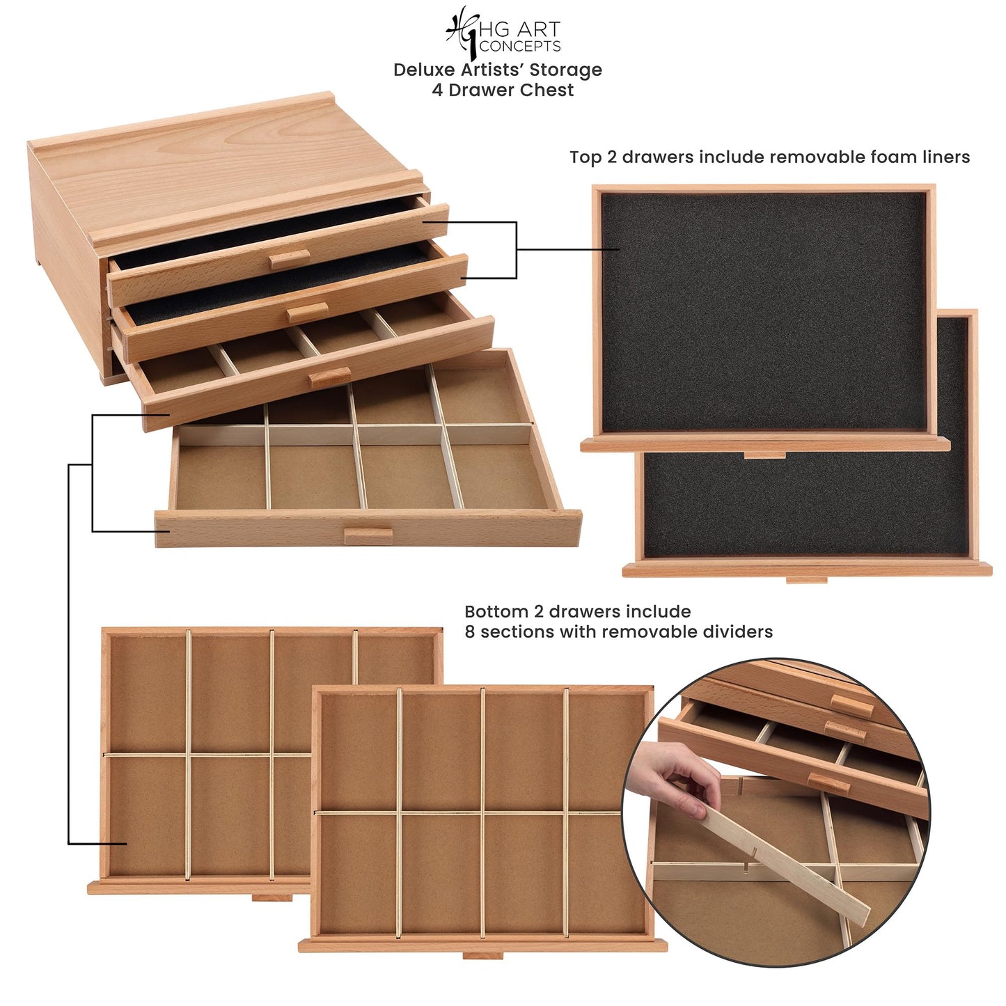 HG Art Concepts Artists Storage Chests - Premium Studio Organizer for Paint Tubes, Brushes, Pencils, Markers, & More! - 4 Drawer - 2 Pack