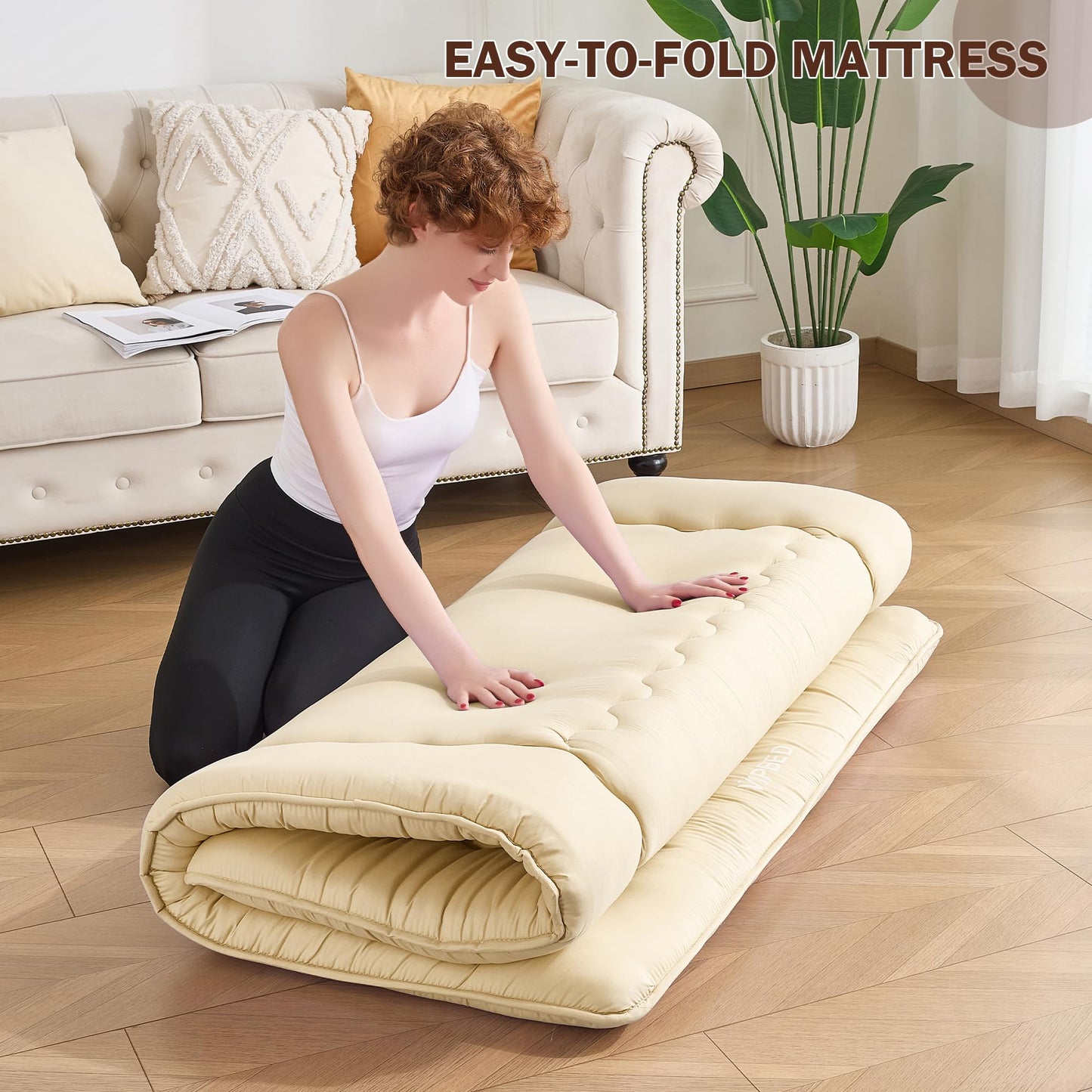 VIPBED Japanese Floor Futon Mattress Queen Size, 4" Thicken Foldable Mattress Tatami Mat Sleeping Pad, 25D Foam Filled Traditional Shiki Futon (shikibuton), Designed in Japan (Pastel Yellow 60"x 80")