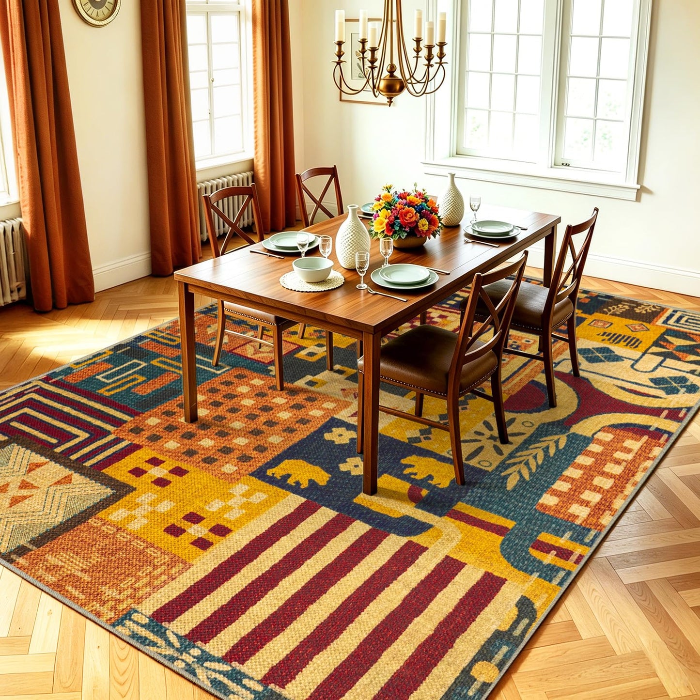 Quntue Washable Boho Easy Jute Area Rug for Living Room, 5x7 Farmhouse Patchwork Patio Rugs, Non Slip Southwestern Tan Indoor Outdoor Carpet for Balcony, Dining, Bedroom, Office, Balcony