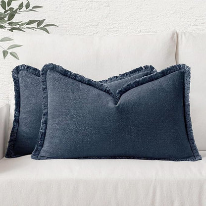 MIULEE Christmas Decorative Throw Pillow Covers Neutral Linen Fringe Throw Pillows Set of 2 Indigo Blue Boho Farmhouse Cushion Covers Coastal Decor for Couch Sofa Bed Living Room Decor 12x20 Inch