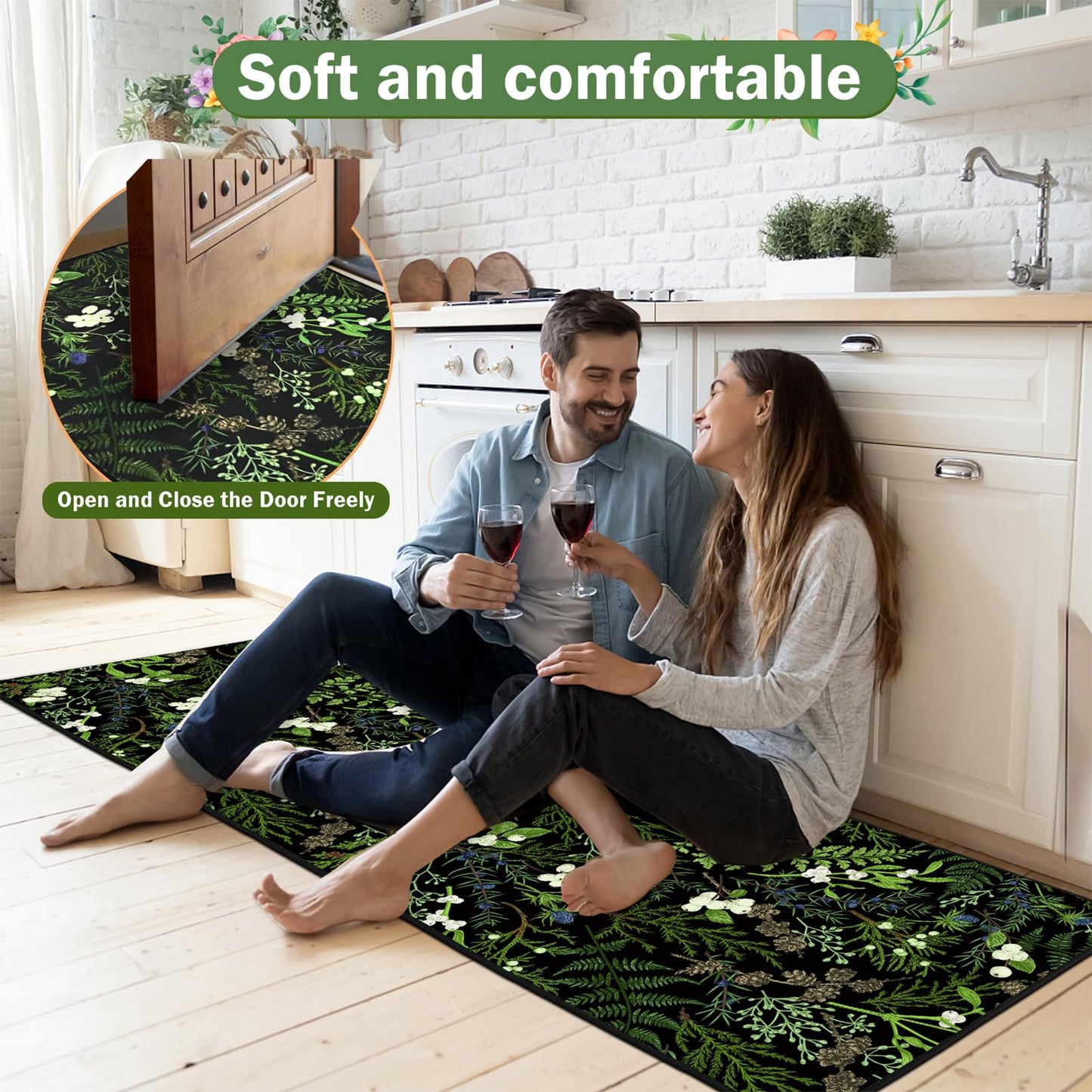 PCSWEET HOME Black Botanical Kitchen Rug Sets 3 Piece, Washable Kitchen Mats for Floor Non Slip Durable Kitchen Floor Mat Carpet Runner Rugs for Hallway Laundry Room
