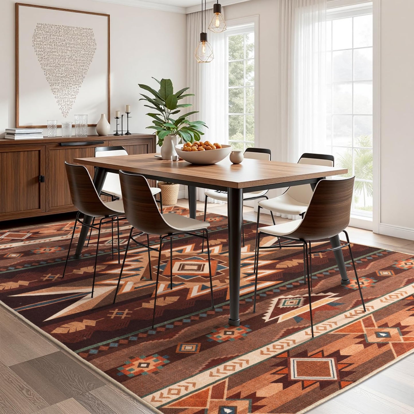 Western Rug for Living Room, 5x7 Non Slip Low Pile Aztec Rug for Bedroom, Dining Room Rugs for Under Table, Office, Machine Washable Area Rugs, Red Brown
