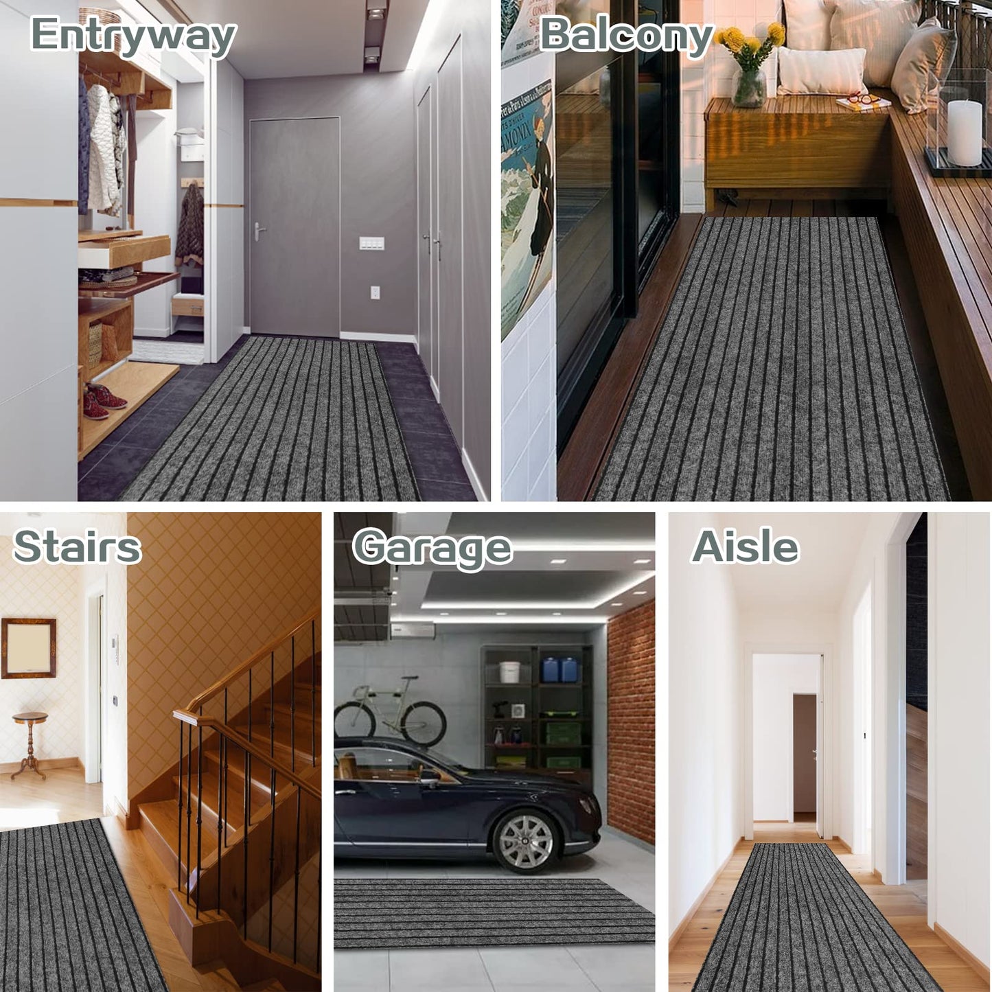 Custom Size Runner Rug 2 ft x 6 ft, 2-82ft Carpet Runners Hallway Entryway Kitchen Garage Laundry Room Area Rugs with Non-Slip Rubber Backing, Gray with Black Stripe