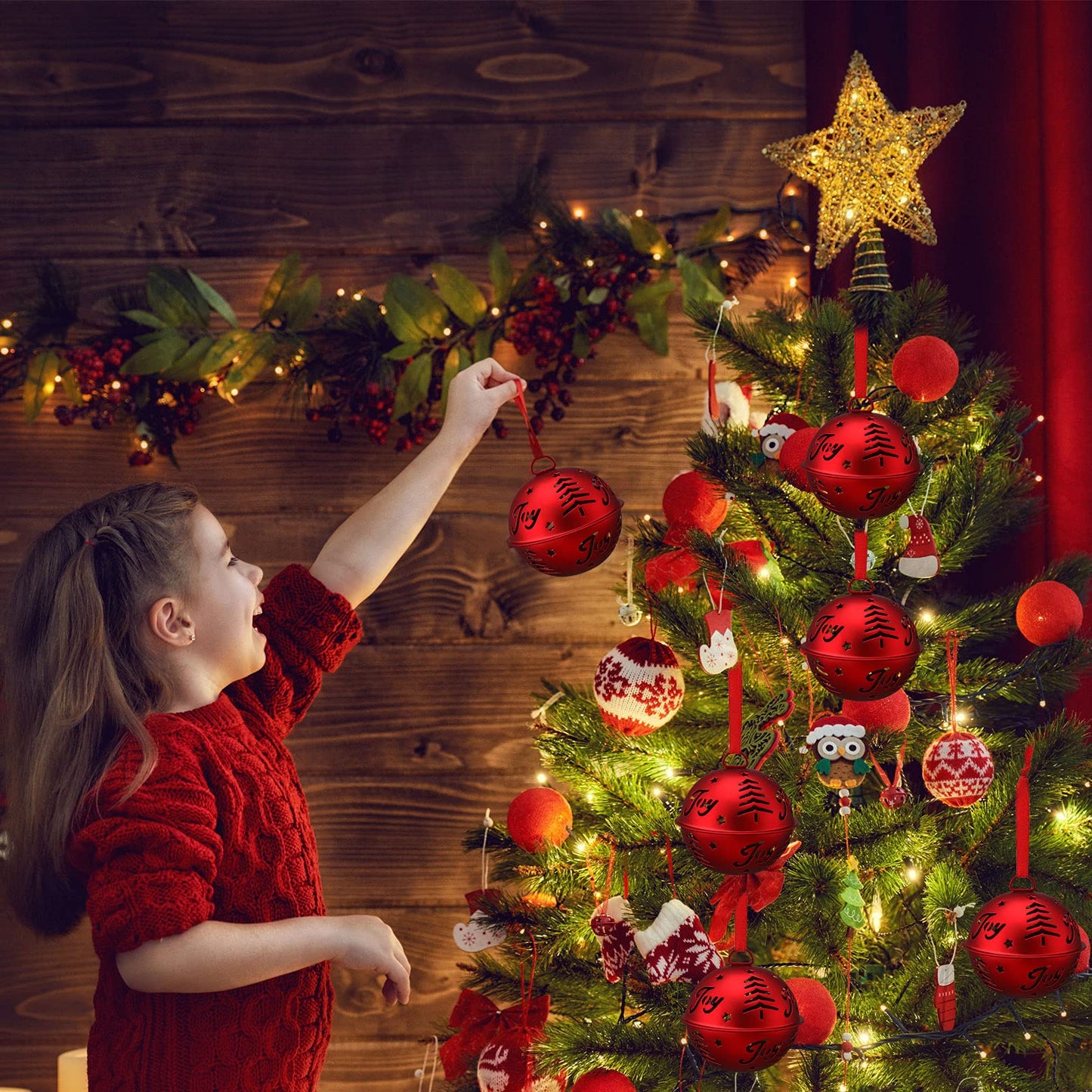 Hotop 6 Pieces Large Jingle Bell Christmas Joy Bell Metal Ornaments with Star Cutouts Sleigh Rustic Xmas Tree Wreath Garland Holiday Party DIY Decor(Red)
