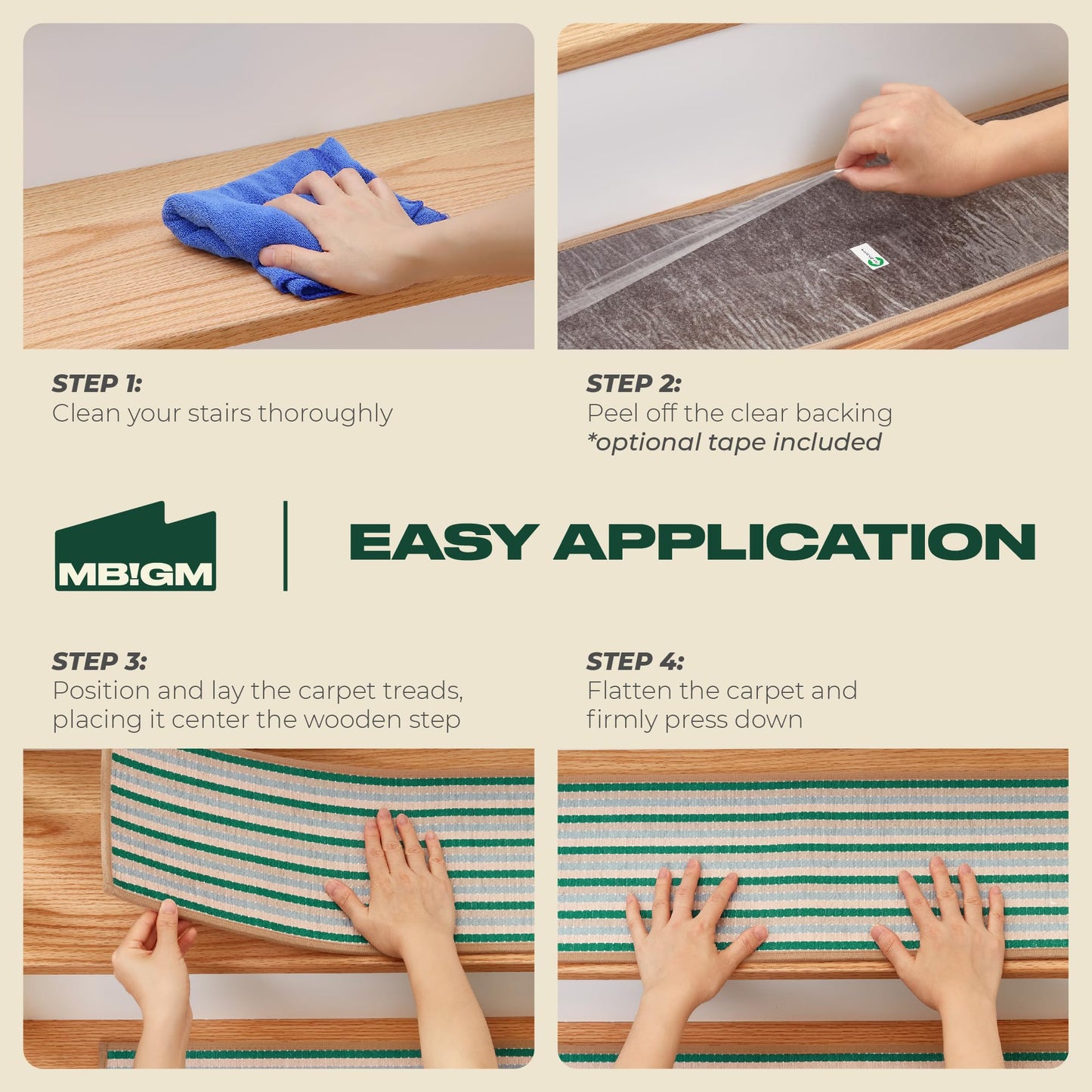 MBIGM 8" X 30" (15 in Pack) Non-Slip Carpet Stair Treads Non-Skid Safety Rug Slip Resistant Indoor Runner for Kids Elders & Pets with Reusable Adhesive - Soft Stripes - Serene Sage