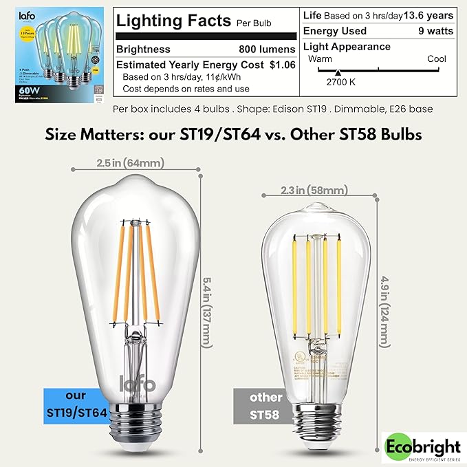 EcoBright ST19/ST64 LED Filament Bulbs, Dimmable, 60W Equivalent, 9W, 800 Lumens, 2700K Warm White, CRI90+, E26 Base, Flicker-Free, Edison Chandelier, ETL/FCC Certified (4 Pack)