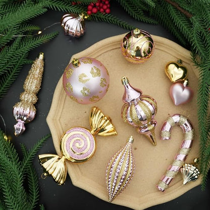 SHareconn 145pcs Christmas Balls Ornaments Set, Shatterproof Plastic Baubles Snowflakes, Stars and Tree Topper for Xmas Tree Holiday Wedding Party Decorations with Hanging Strings, Gold and Pink