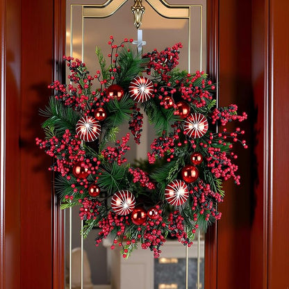 YULETIME 24" Mixed Berries Christmas Wreath - Artificial Holiday Wreath with Red & Purple Frosted Berries, Green Cypress Branches & Pine Needles