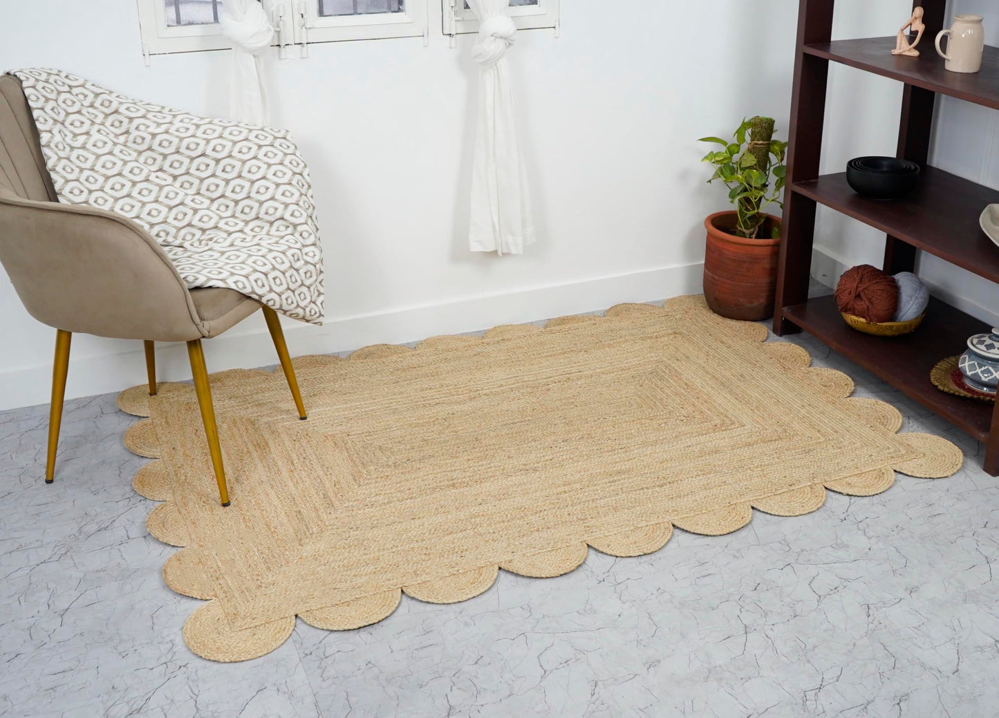 NISGAUR Scallop Jute Rug Natural Fiber Boho Décor Sustainable Rug, Natural/Beige, 3x5 Feet
