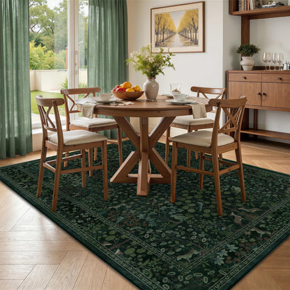 Jainmy Woodland Floral Animal 5x7 Washable Rugs for Living Room, Whimsical Tree of Life Natural Area Rug for Bedroom Nursery, Low Pile Thin Carpet Rugs for Dining Room Home Office Non Slip, Dark Green