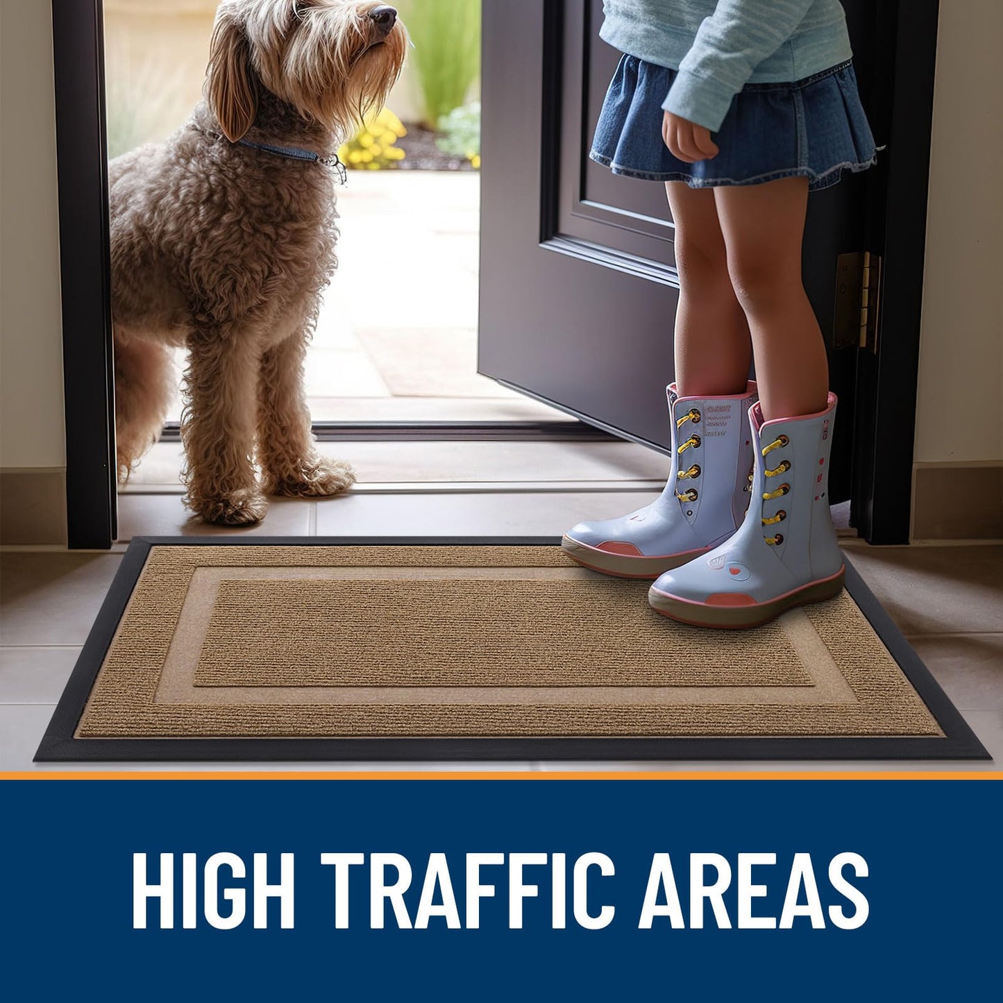 OLANLY Front Door Mat Indoor Outdoor Entrance, Waterproof All-Season, All-Weather Doormat, Sturdy Natural Rubber, Fade Resistant, Low Profile, Easy Clean Patio Porch Entryway Mat, 59x23, Light Borwn