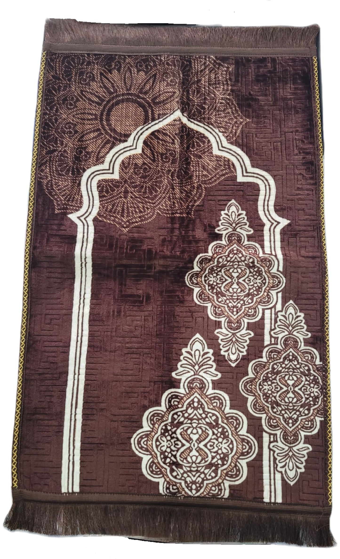 Janamaz Prayer Mat with Mandala Design, Black and White or Maroon Fringed Islamic Prayer Rug with Floral Pattern (Brown)