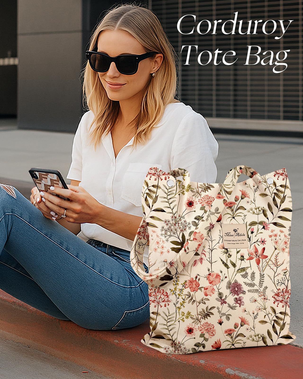 Miss Adola Corduroy Tote Bag for Women - Reusable Totes with Inner Pocket & Buckle Cute Aesthetic Design Cloth Shopping Grocery Shoulder Bag for Work Travel, Flower