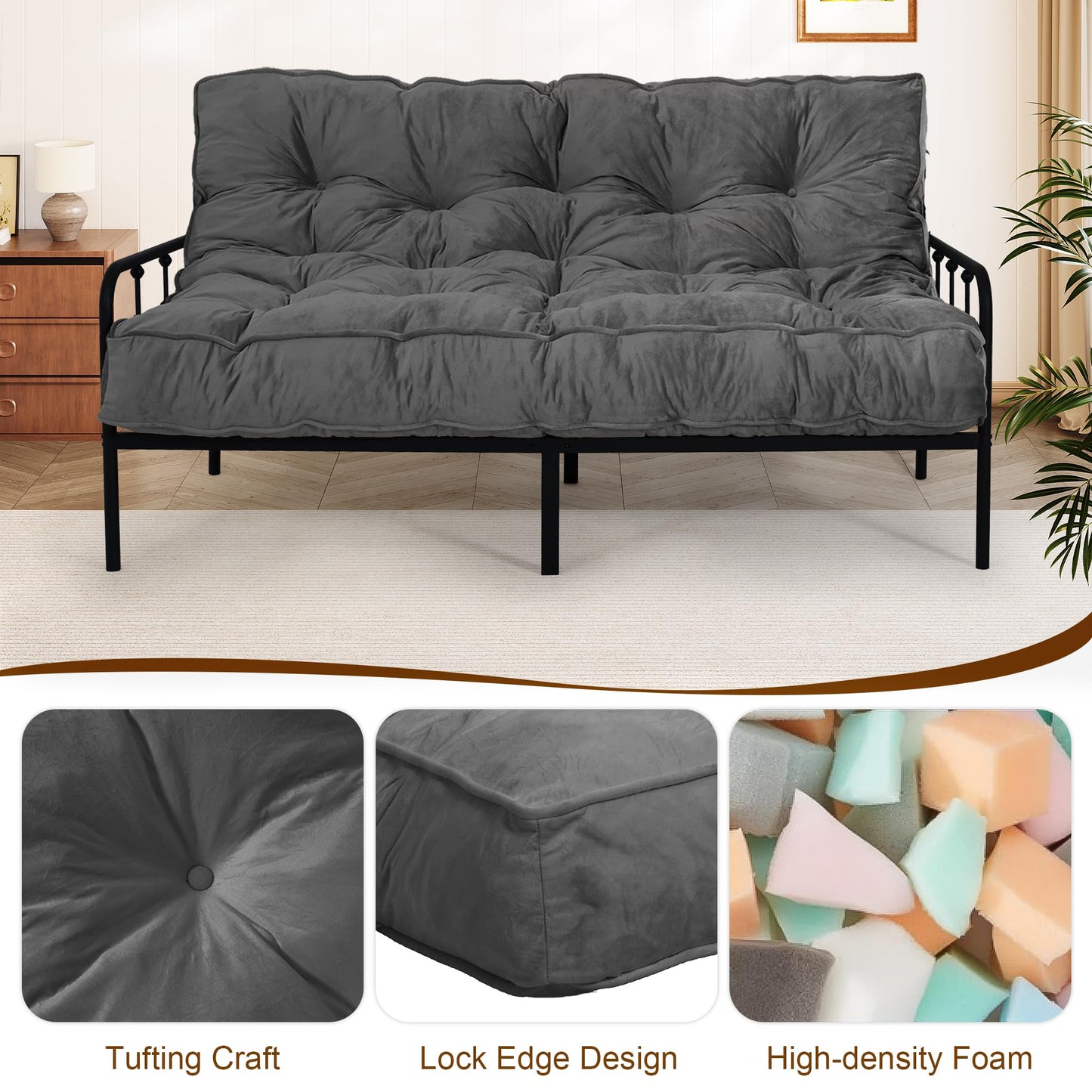 8" Futon Mattress Full Size 54" x 80", Thick Futon Sofa Couch Bed for Adults, Velvet Floor Futon Mattress Shredded Foam Filling, Tatami Sleeping Mat for Camping, Dorm, Dark Gray(Frame Not Included)