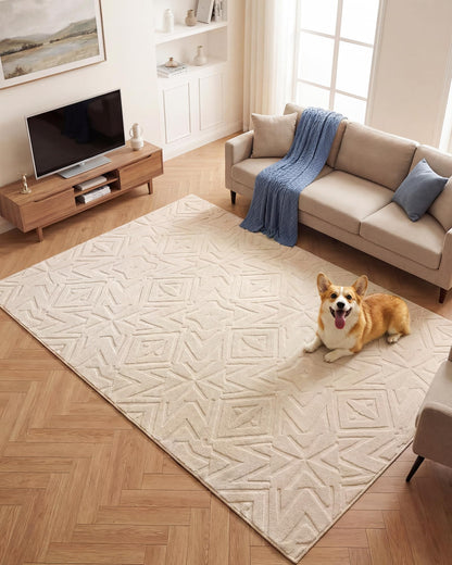 Carvapet 5x7 Area Rug - Beige Modern 3D High Low Pile Texture Floor Carpet, Washable Soft Plush Velvet Rug with Skid-Resistant Rubber Backing for Living Room Bedroom Nursery